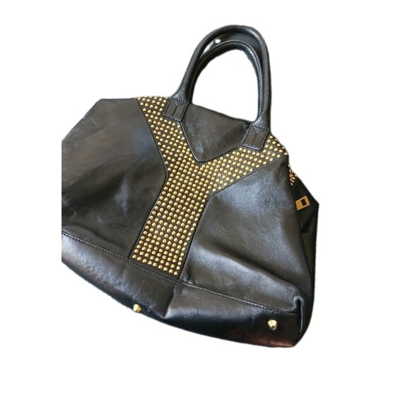 Yves Saint Laurent Y Studs Black Leather Satchel Tote Bag Gold Studded Vintage - Picture 5 of 10